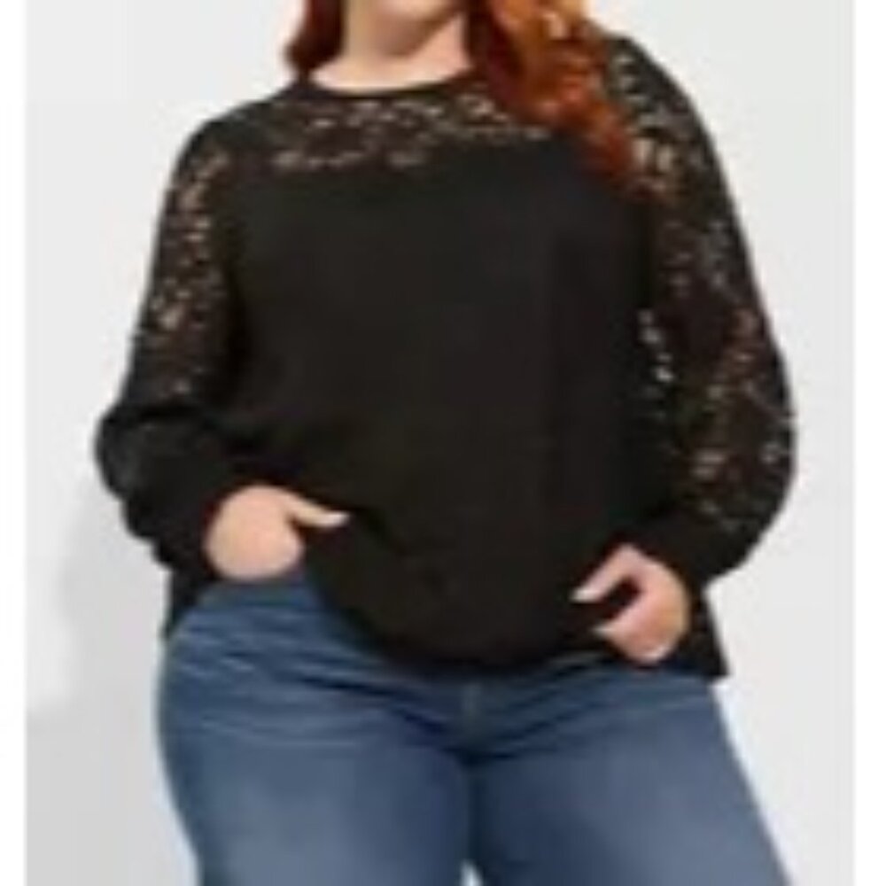 Torrid Stretch Lace & Mesh Crew Neck Long Sleeve Blouse Top Black Women's 3XL - Picture 2 of 11